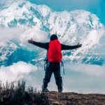 Trekker Red Backpack Snowy Mountains View 2